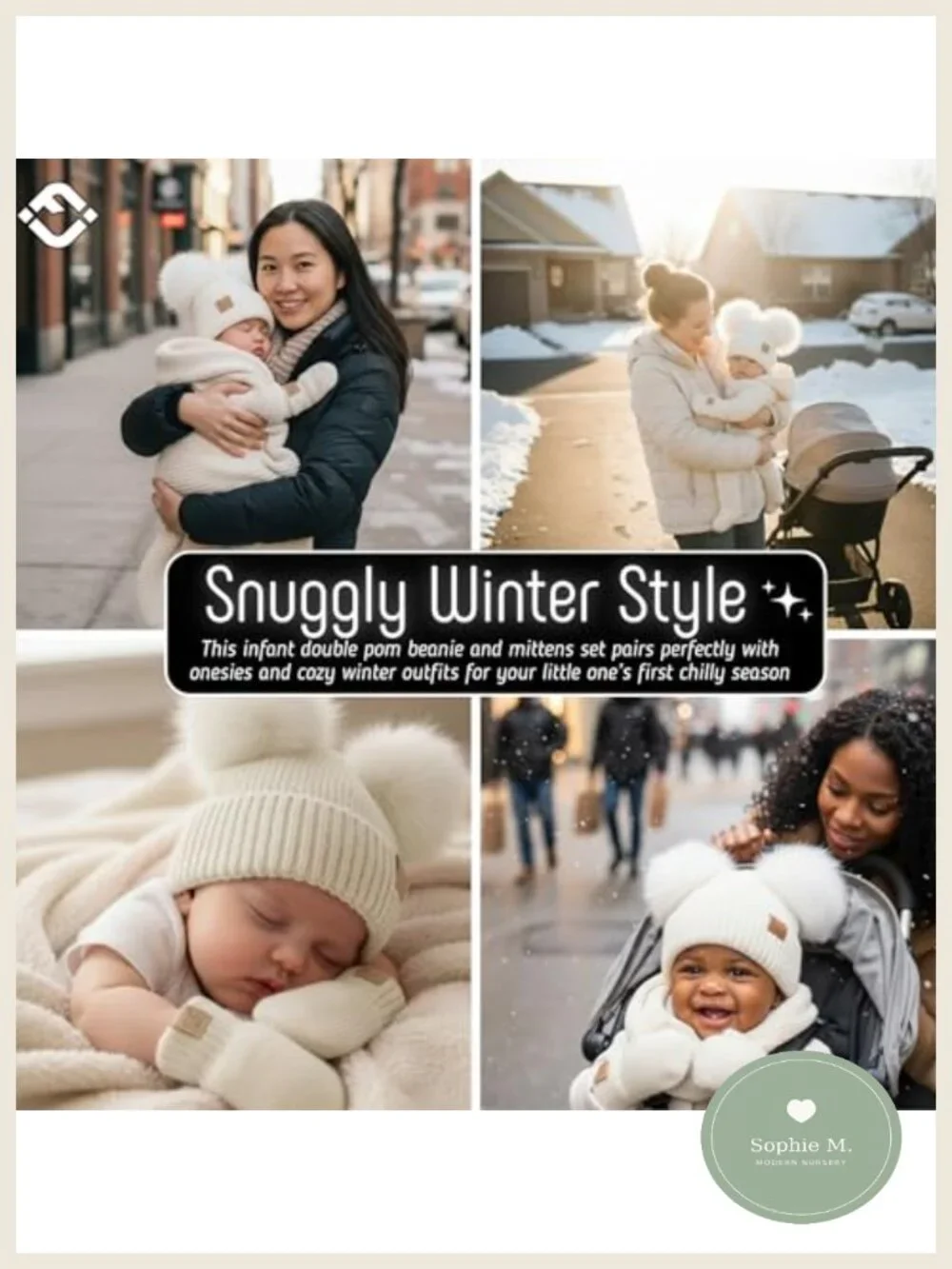 Baby Beanie & Mittens Set - Faux Fur Pom Poms - Infant Winter Hat